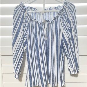 Striped Blue & White Peasant Blouse - Women's Off-Shoulder Top